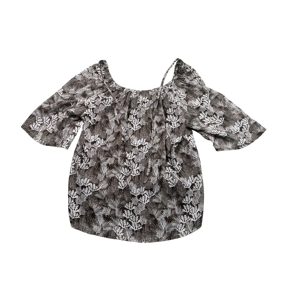 LOFT Women's Small Brown Cream Botanical Print Flutter Sleeve Blouse NWT